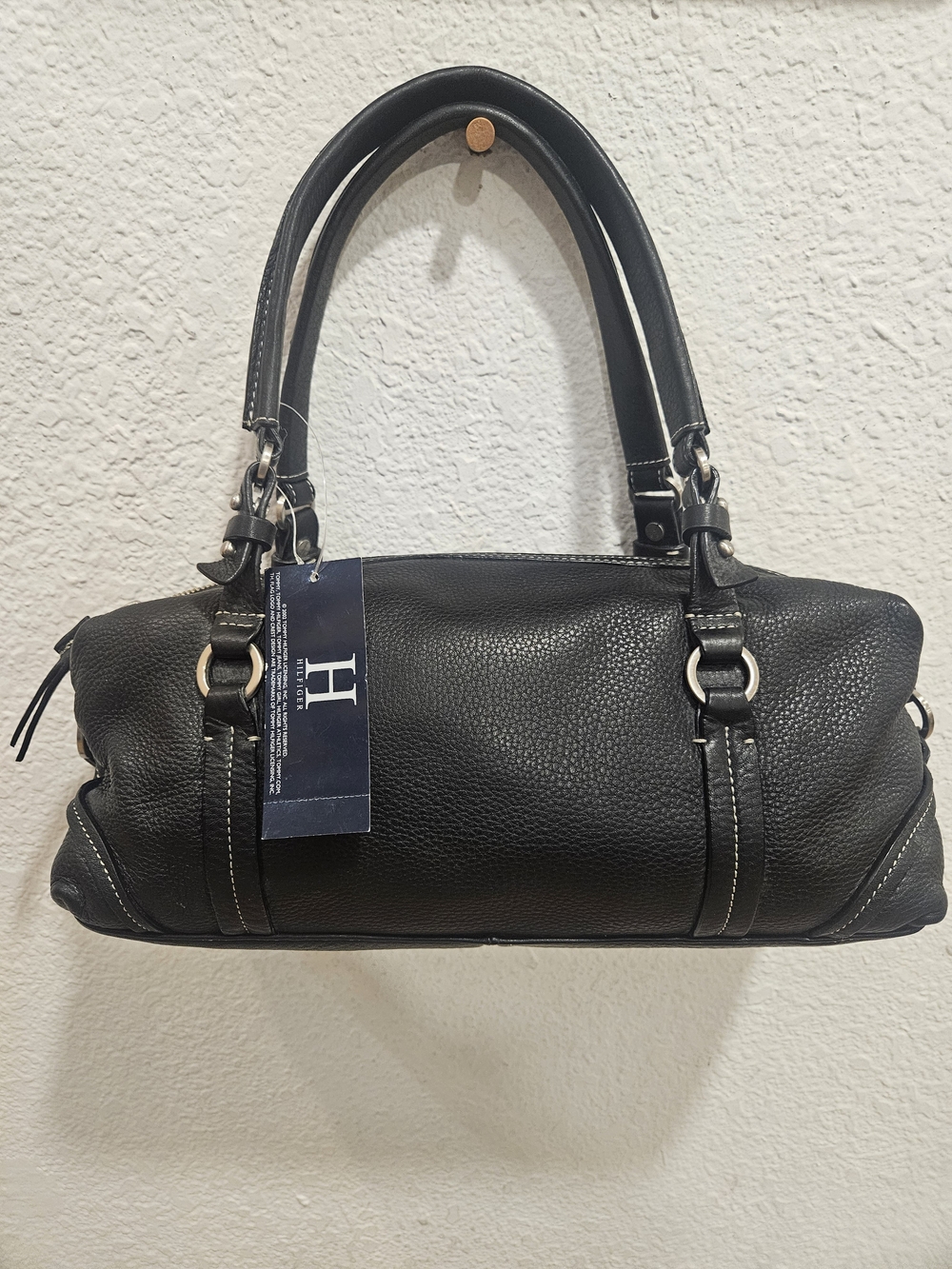 NWT Tommy Hilfiger Black Pebbled Leather Belted EW Top Zip Satchel Bag